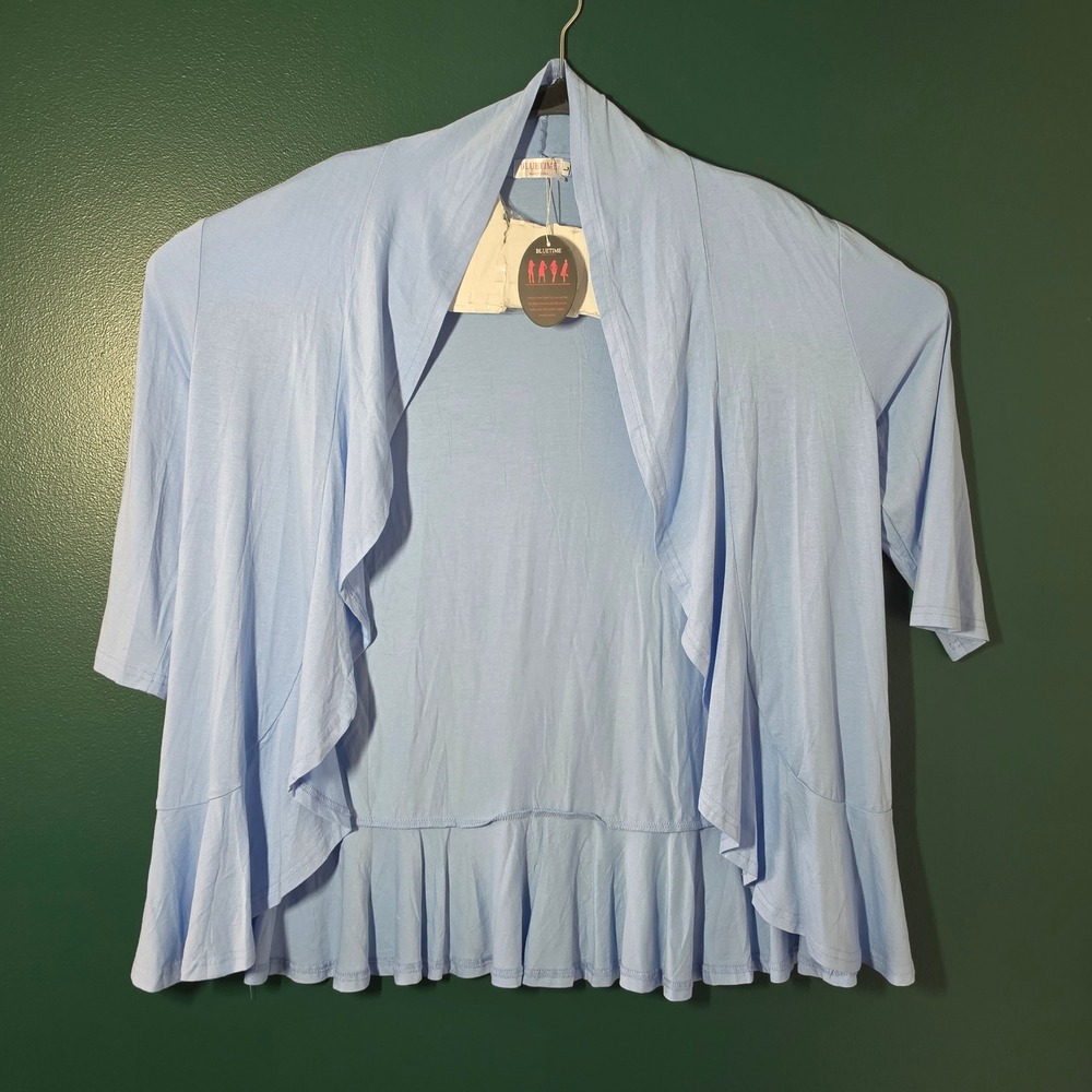 Bluetime Womens Light Blue Ruffle Hem Open Front Draped Cardigan Size L NWT
